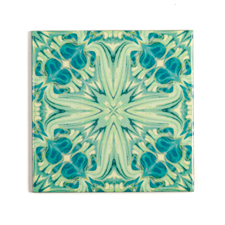 SALE - Set of 4 x 10.8cm Blue Green Vintage Botanical Tiles - Perfect