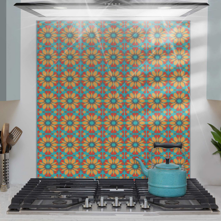 Moroccan Flower Kitchen Splashback - Orange &amp; Teal