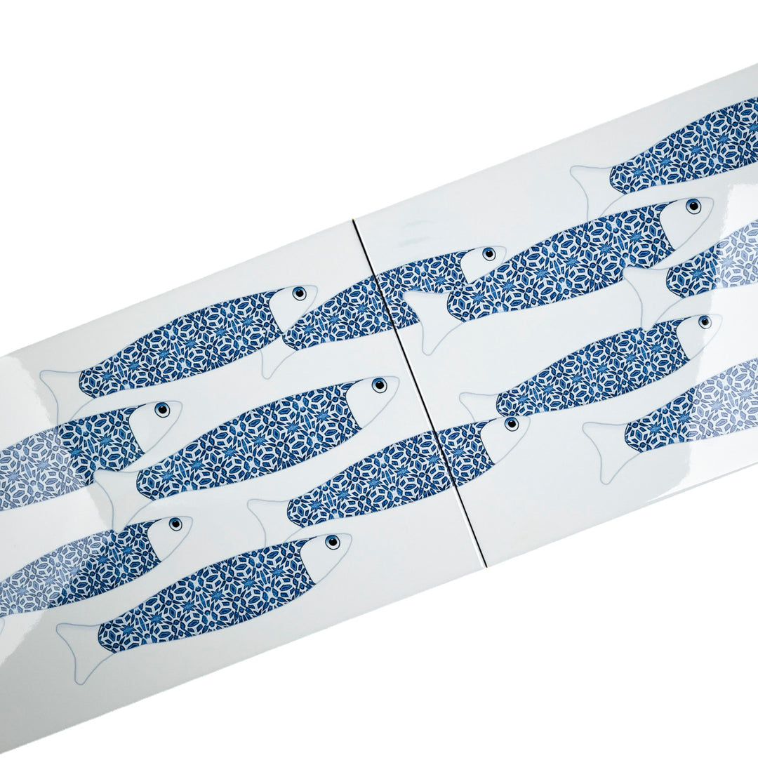 SALE SECONDS - 2x White Blue Ocean Shoal - Border version - Large Rectangular Tiles - 30x20cm