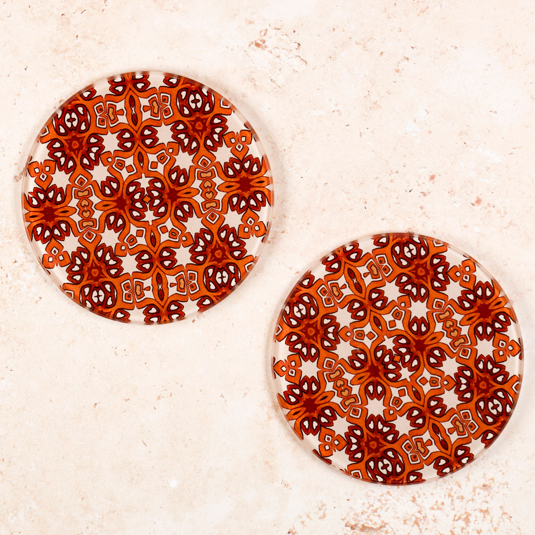 Ochre and Cream Cogs Design Coaster Set