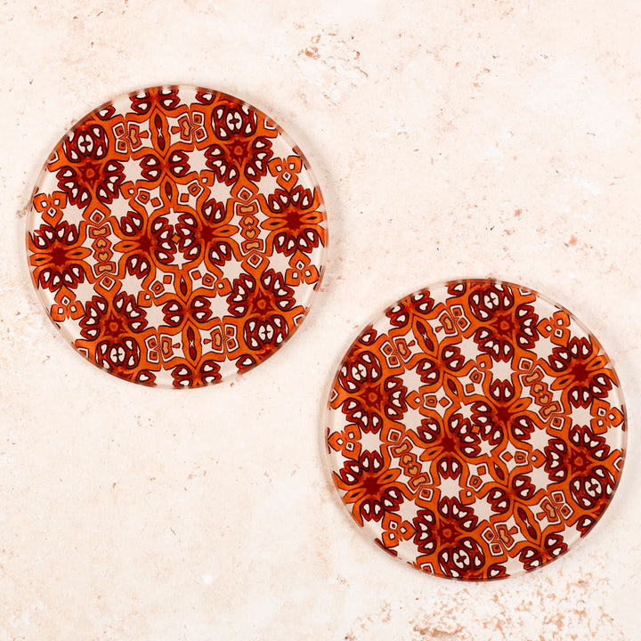 Ochre and Cream Cogs Design Coaster Set