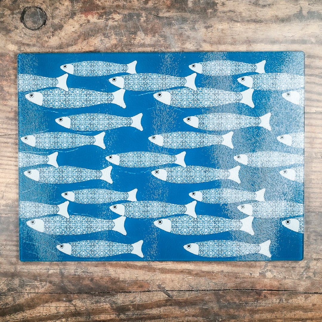 SALE SECOND - Large Teal/Blue Ocean Shoal Worktop Saver/Chopping Board