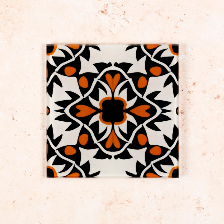 "Aztec" Design - Orange and Black Glass Coaster Set