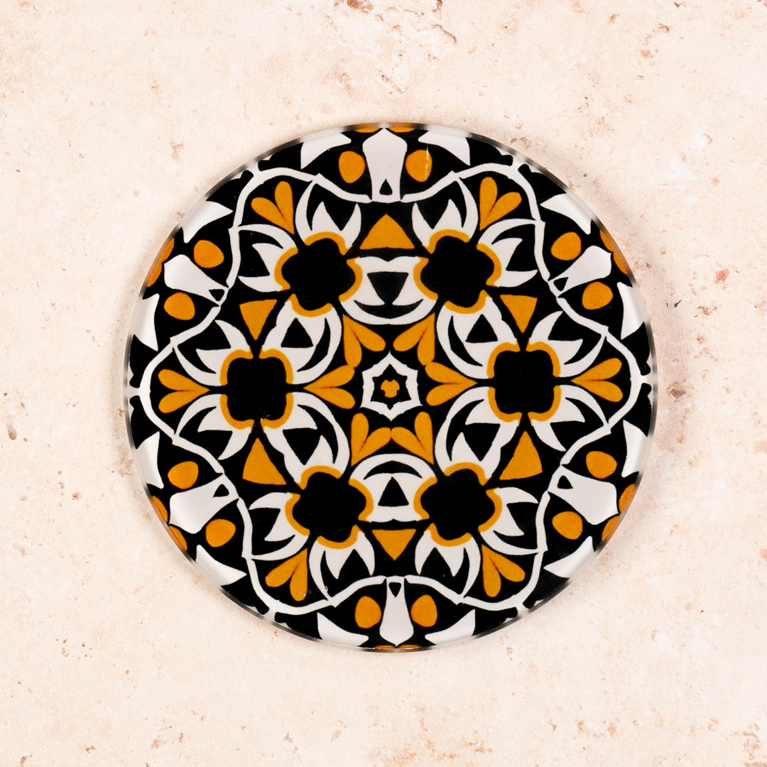 "Aztec" Design - Orange and Black Glass Coaster Set