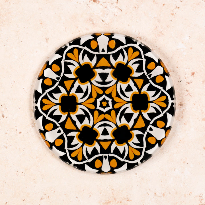 "Aztec" Design - Orange and Black Glass Coaster Set