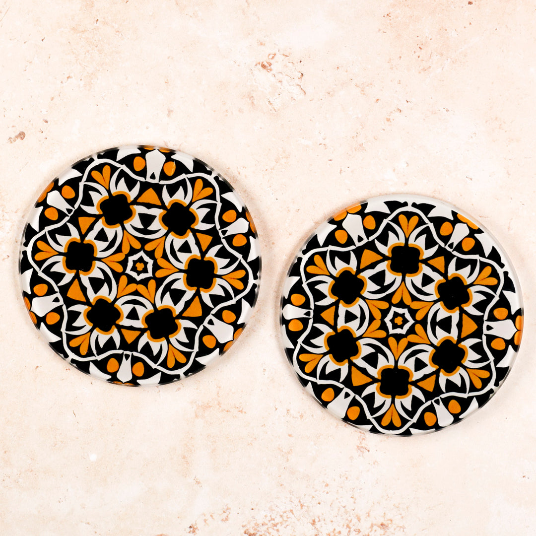 "Aztec" Design - Orange and Black Glass Coaster Set