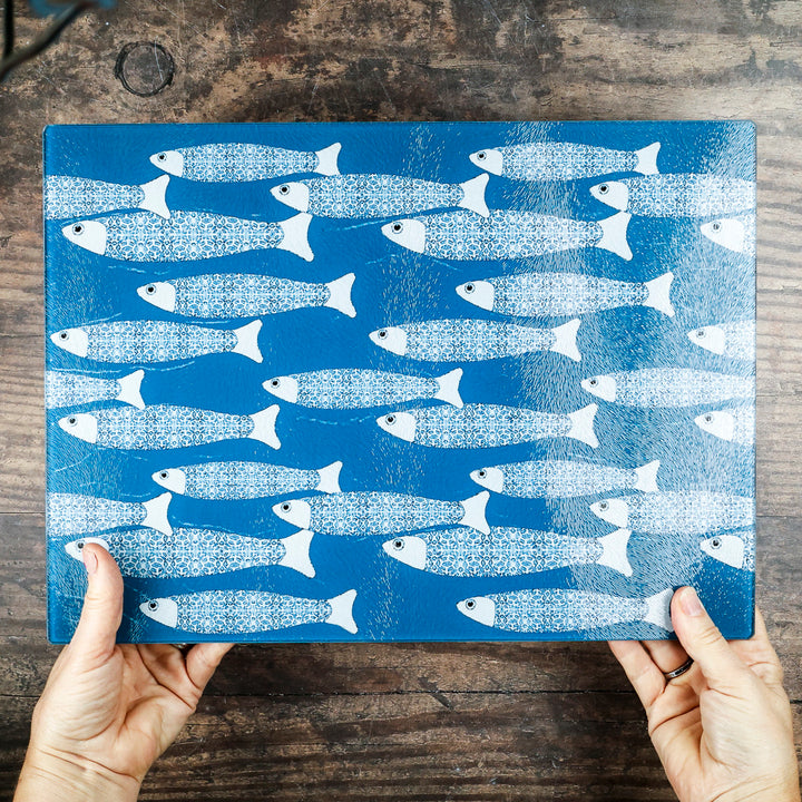 SALE SECOND - Large Teal/Blue Ocean Shoal Worktop Saver/Chopping Board