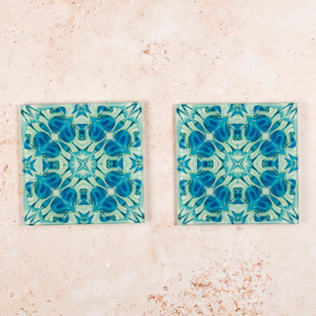 Vintage Bouquet - Blue Art Deco Glass Coaster Set