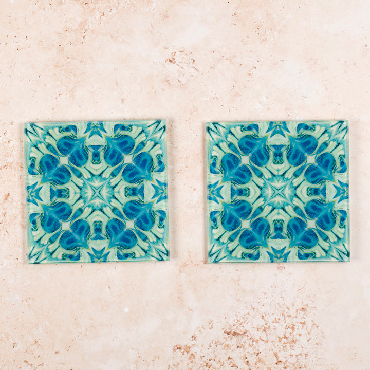 Vintage Bouquet - Blue Art Deco Glass Coaster Set