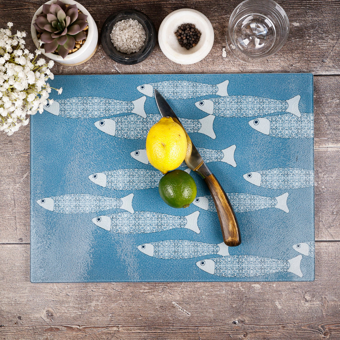 SALE - Large Rectangular Grey Blue Ocean Shoal - Chopping Board (textured)