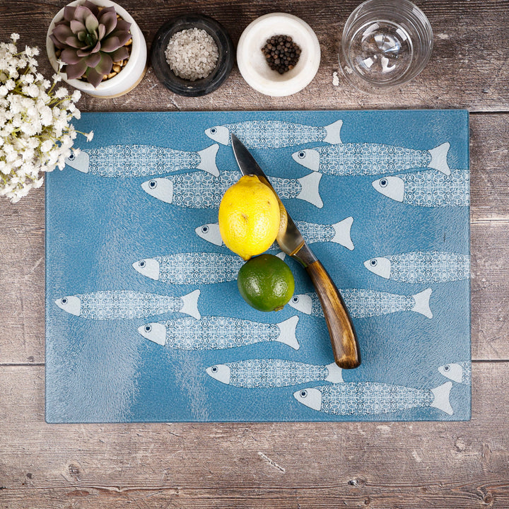 SALE - Large Rectangular Grey Blue Ocean Shoal - Chopping Board (textured)