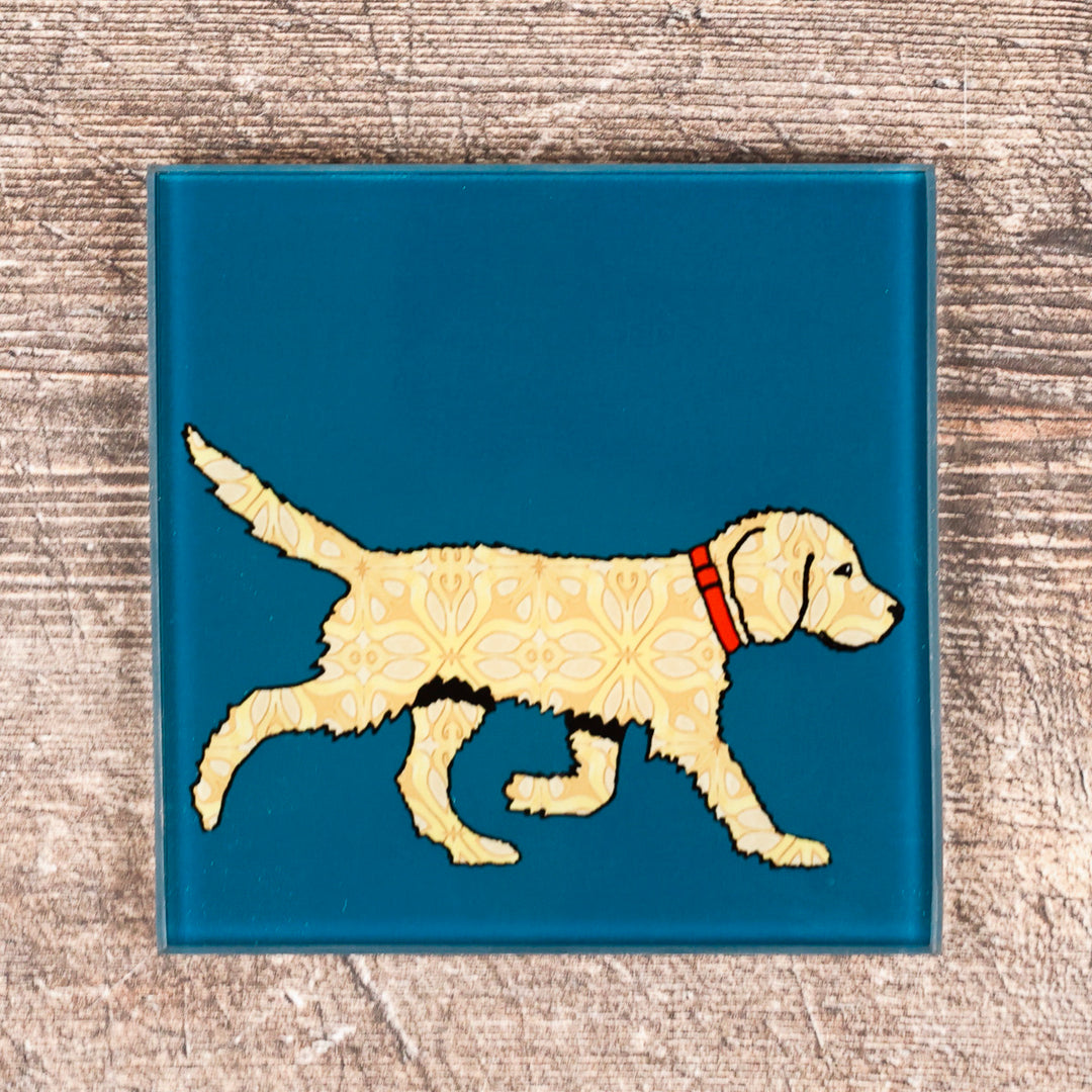 Labradoodle - Strolling Dog - Teal/Blonde Coasters