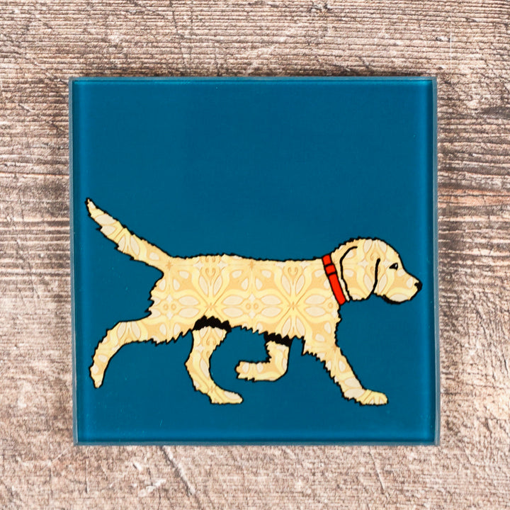 Labradoodle - Strolling Dog - Teal/Blonde Coasters