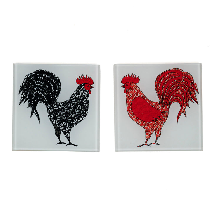 SALE - Red Rooster &amp; Black Cockerel Coaster Set