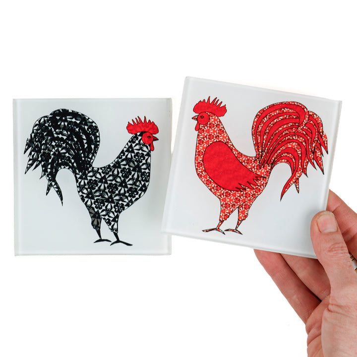 SALE - Red Rooster &amp; Black Cockerel Coaster Set
