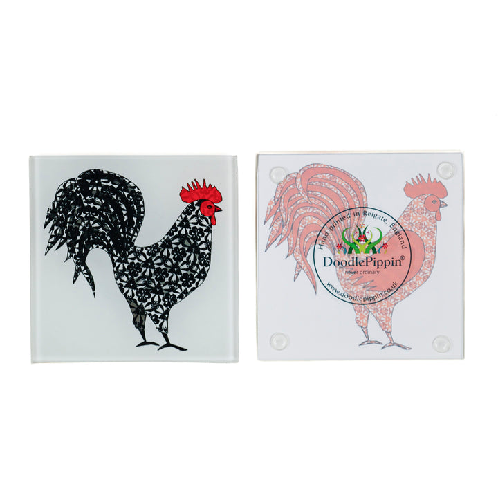 SALE - Red Rooster &amp; Black Cockerel Coaster Set