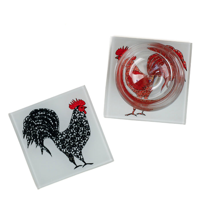 SALE - Red Rooster &amp; Black Cockerel Coaster Set
