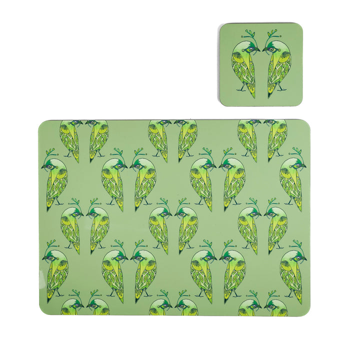 SALE - Lovebirds Placemat and Coaster Set - Green and Yellow