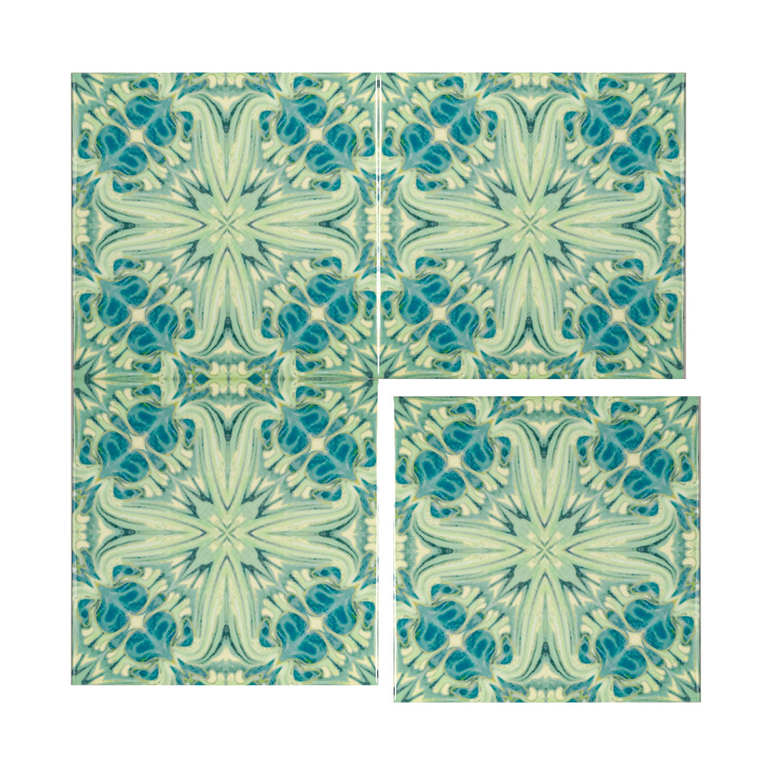 SALE - Set of 4 x 10.8cm Blue Green Vintage Botanical Tiles - Perfect