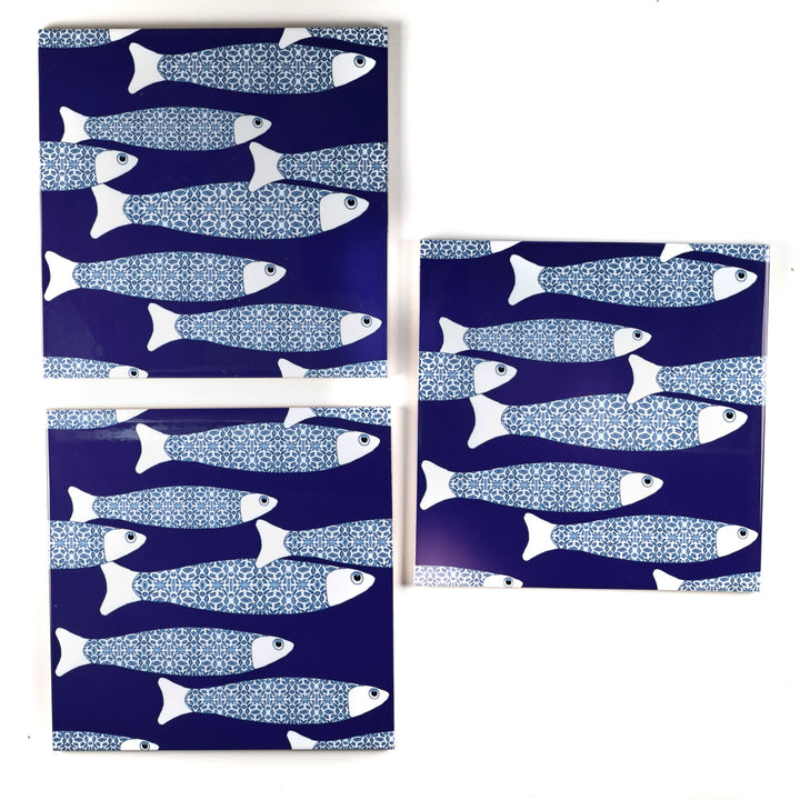 SALE SECONDS SET of 3 x 20cm Navy blue Ocean Shoal tiles
