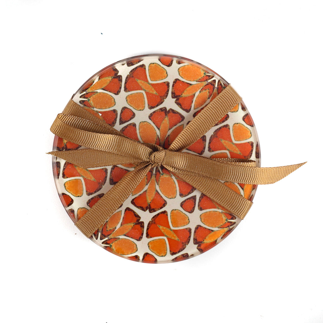 SALE SET - 6x Circular Moroccan Flower Glass Coasters - Apricot/Orange