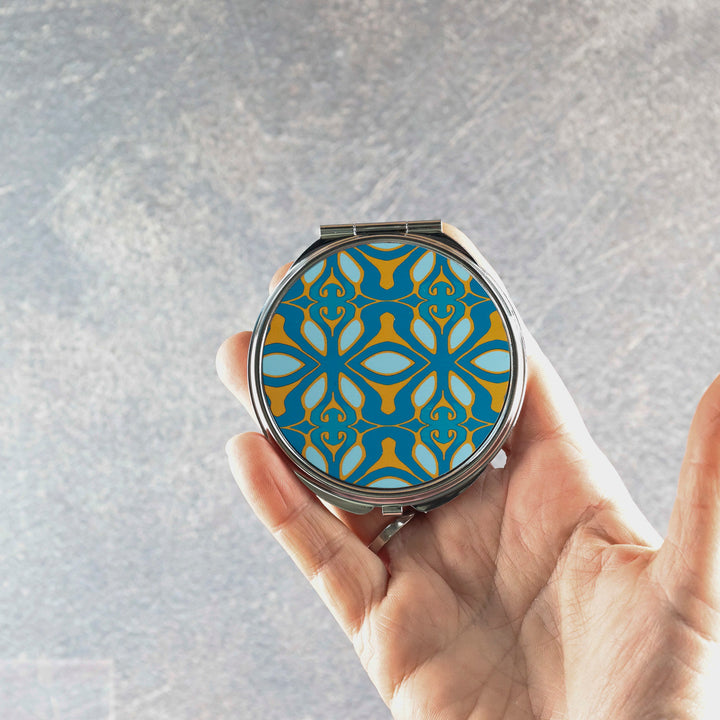 SALE - Teal &amp; Orange Greek Style - Square Compact Folding Mirror