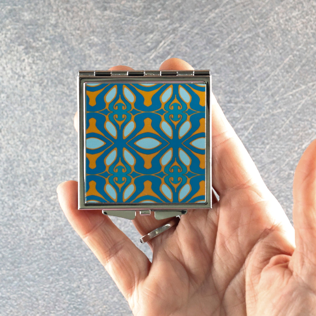 SALE - Teal &amp; Orange Greek Style - Square Compact Folding Mirror