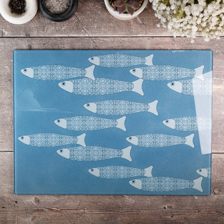 SALE - Large Rectangular Grey/Blue Ocean Shoal - Chopping Board (smooth)