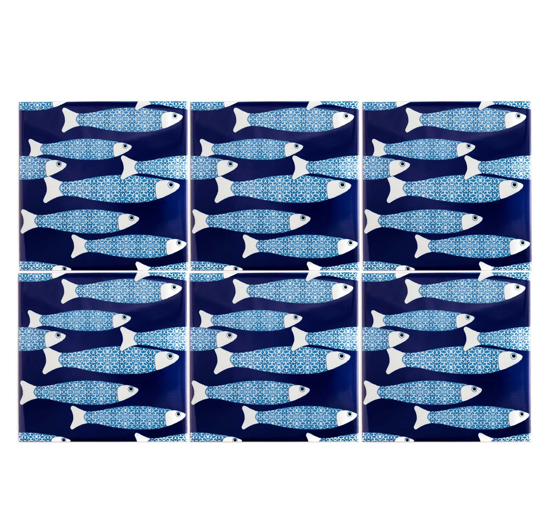 SALE  SET - 6 x 20cm - Navy Blue Ocean Shoal tiles
