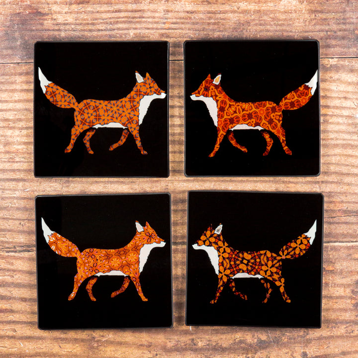 Set of Patterned Fox on Black Coasters