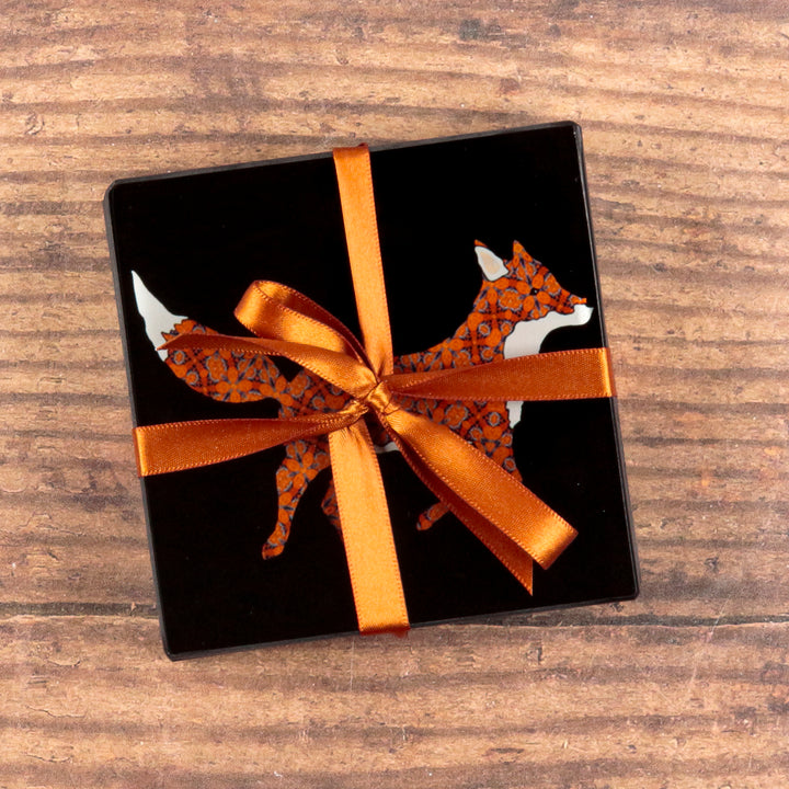 Set of Patterned Fox on Black Coasters