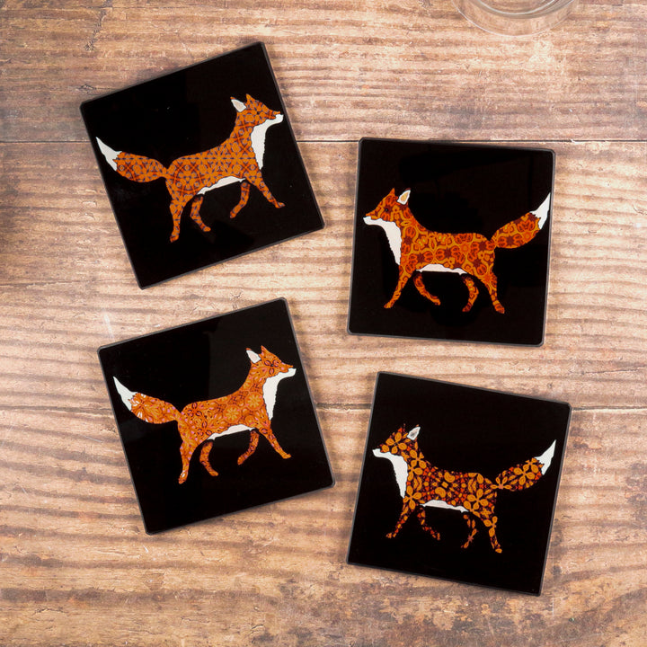 Set of Patterned Fox on Black Coasters