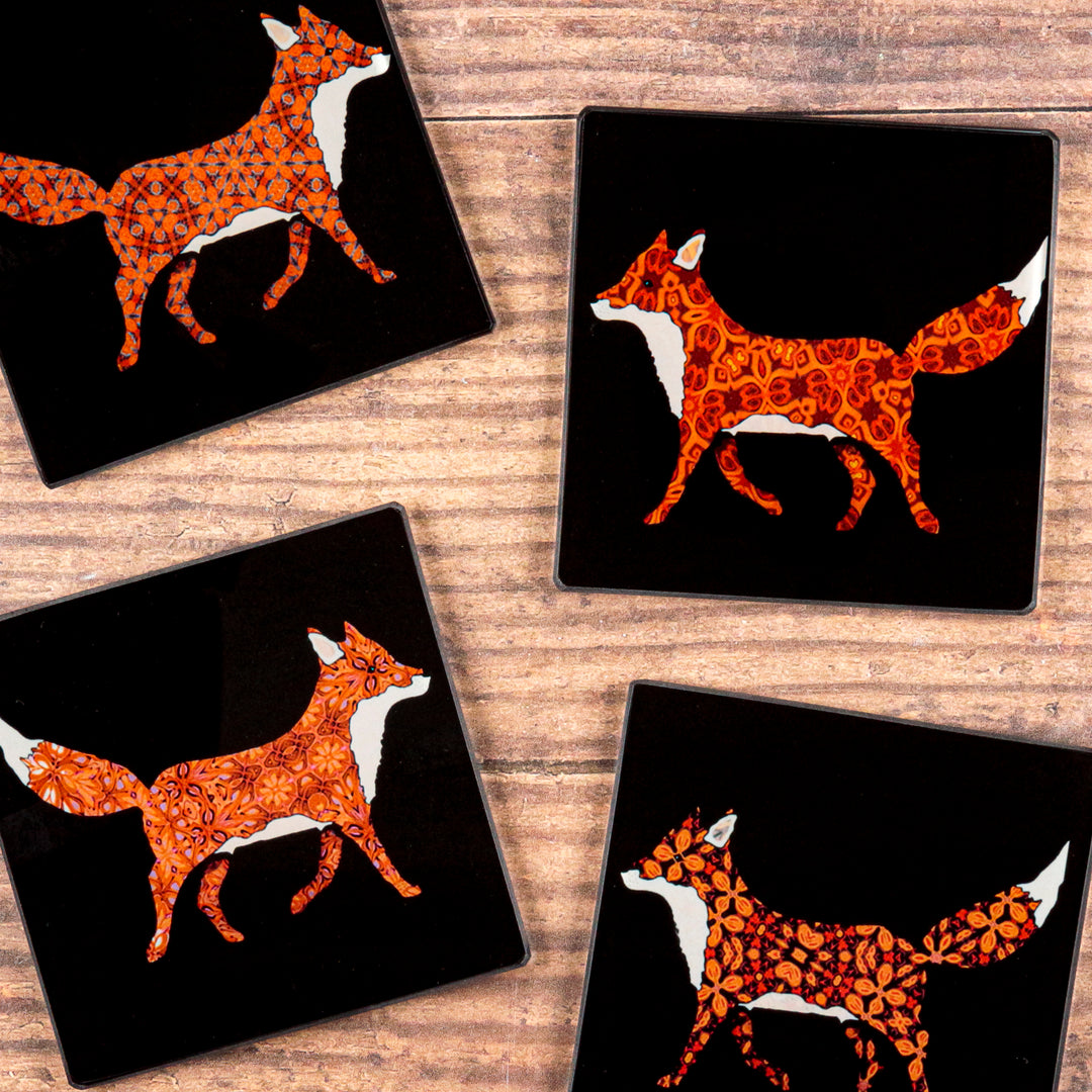 Set of Patterned Fox on Black Coasters
