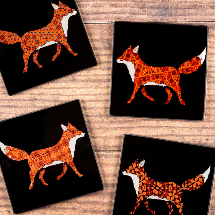 Set of Patterned Fox on Black Coasters
