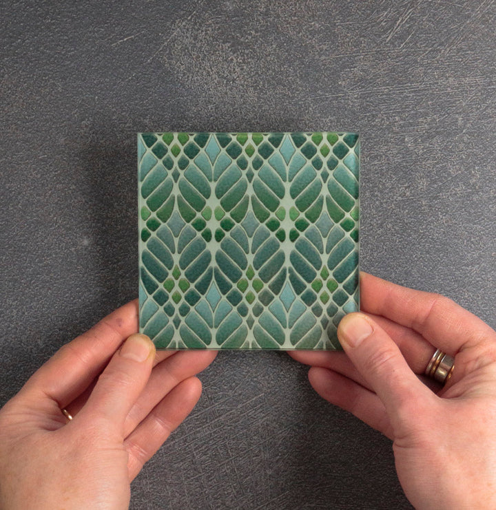 SALE SET of 8x Interwoven Trees Glass Coaster Set - Muted Greens