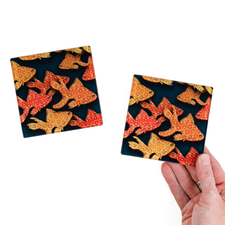 SALE - Pair of Goldfish on Dark Grey/Black coasters