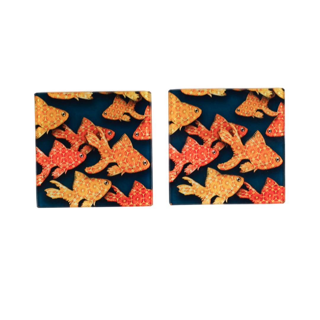 SALE - Pair of Goldfish on Dark Grey/Black coasters