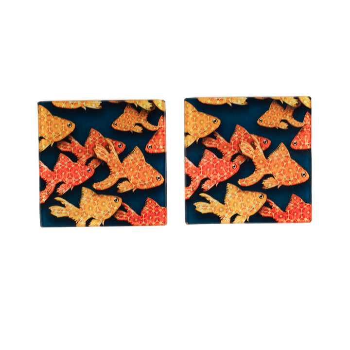 SALE - Pair of Goldfish on Dark Grey/Black coasters