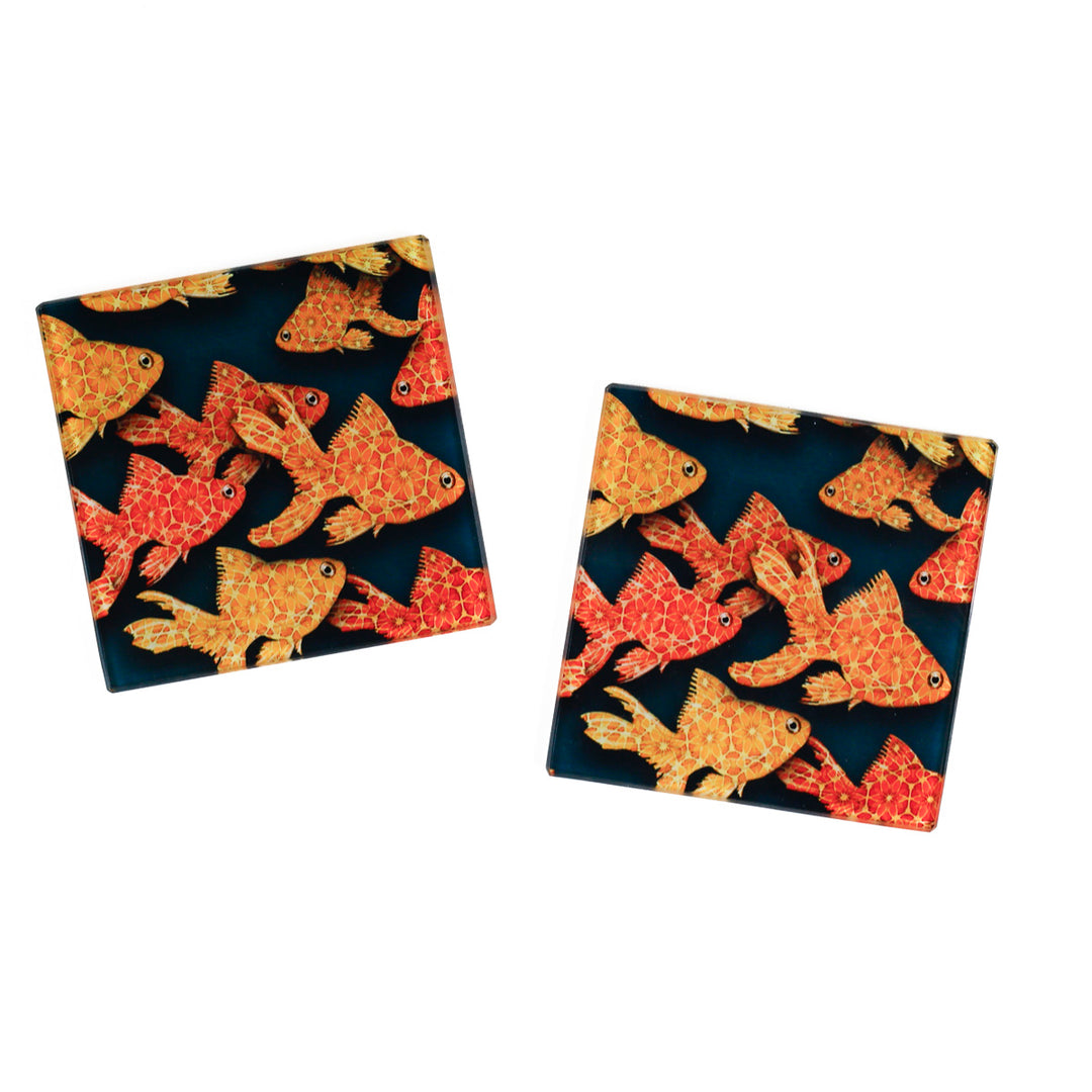 SALE - Pair of Goldfish on Dark Grey/Black coasters