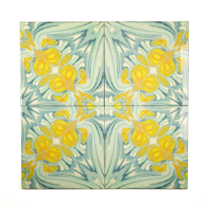 SALE - Set of 4 x 20cm Vintage Bouquet Tiles - Yellow Green - Large Scale / Section