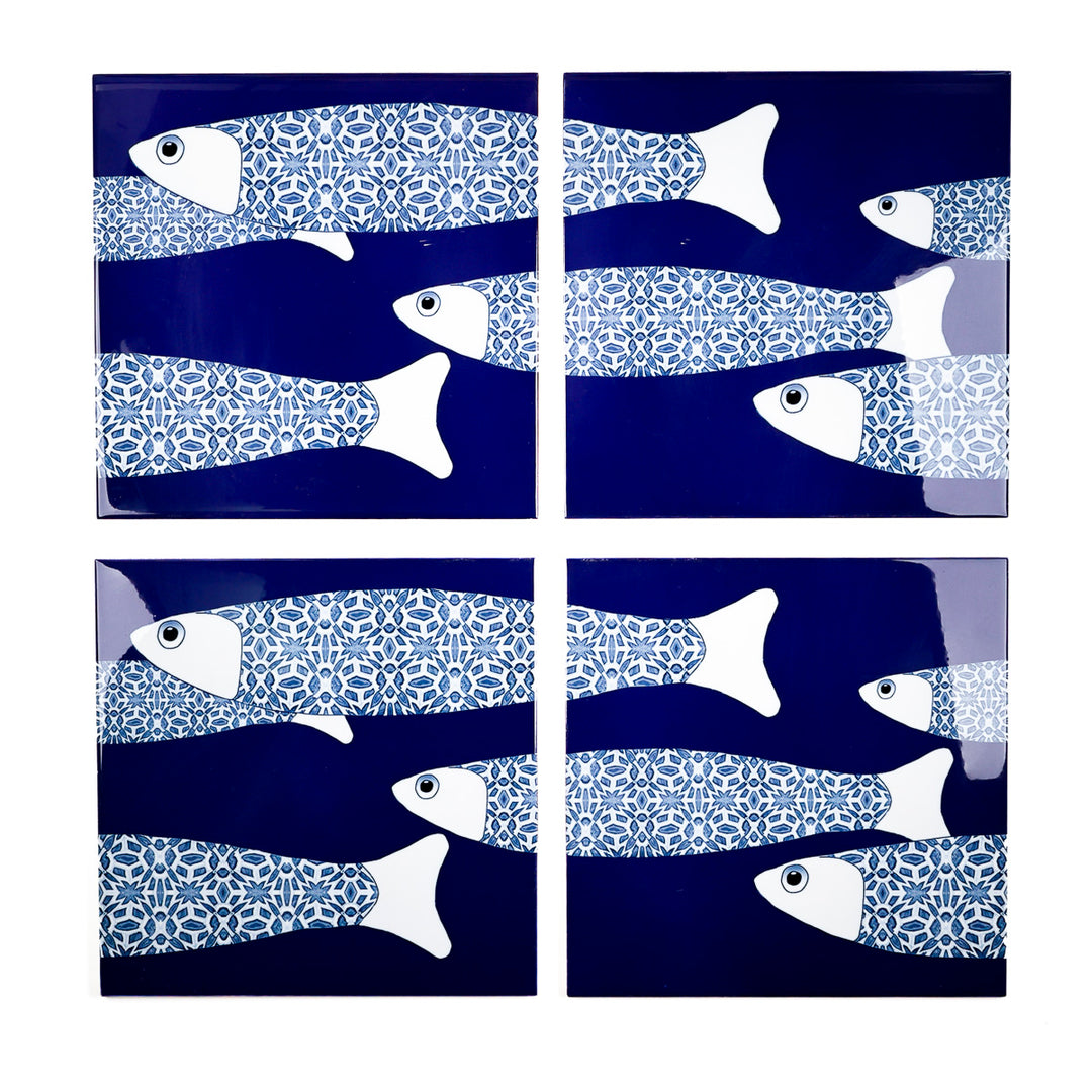 SALE SECOND SET - 4 x 20cm - Large Scale Navy Blue Ocean Shoal border tiles