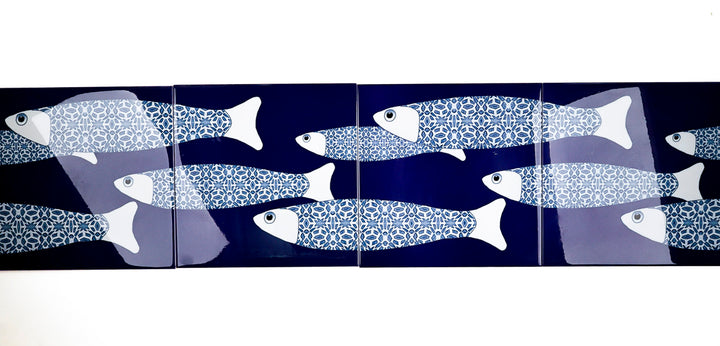 SALE SECOND SET - 4 x 20cm - Large Scale Navy Blue Ocean Shoal border tiles