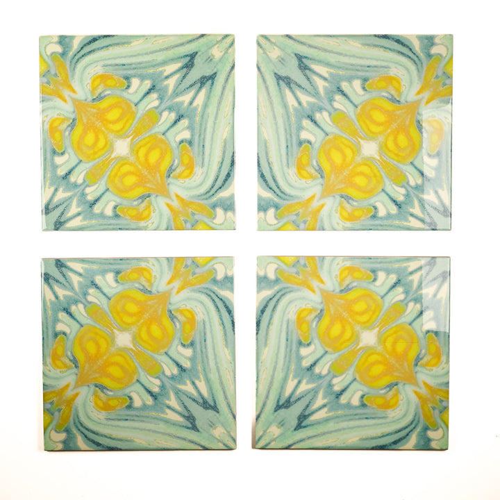 SALE - Set of 4 x 20cm Vintage Bouquet Tiles - Yellow Green - Large Scale / Section