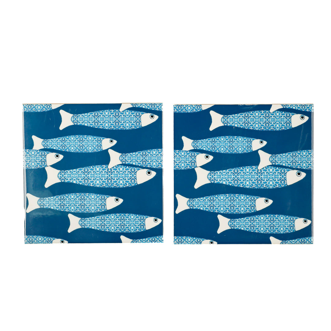 SALE SECONDS - SET of 2 x 15.2cm Teal ocean shoal tiles