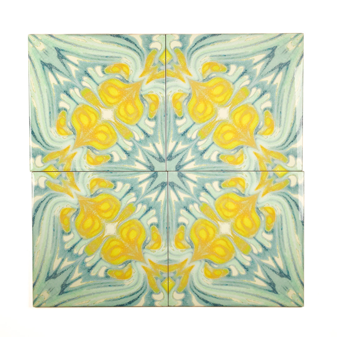 SALE - Set of 4 x 20cm Vintage Bouquet Tiles - Yellow Green - Large Scale / Section