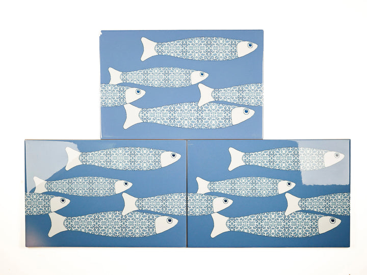 SALE SECONDS - 3x Mid Blue Ocean Shoal - Border version - Large Rectangular Tiles - 30x20cm