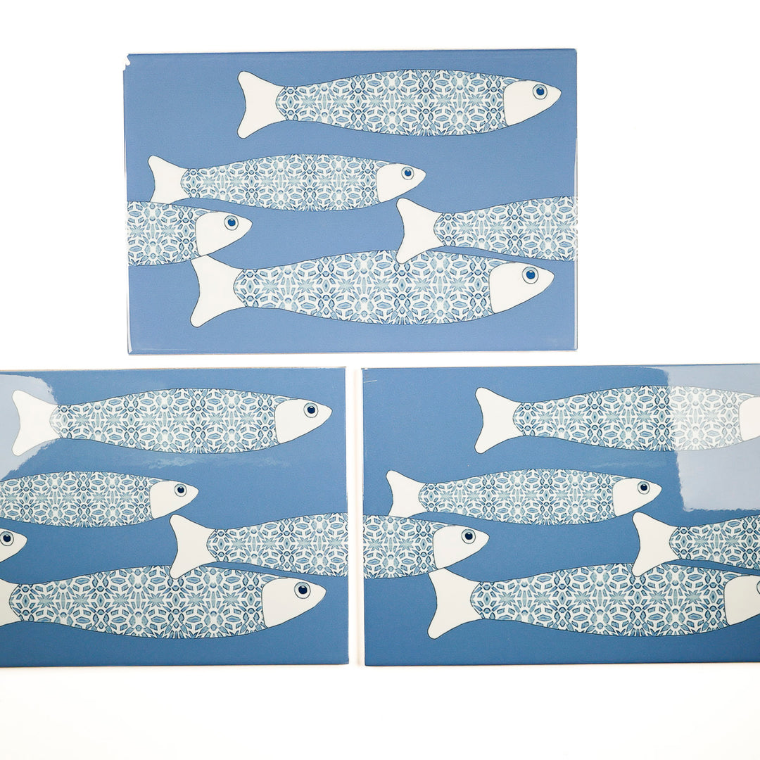 SALE SECONDS - 3x Mid Blue Ocean Shoal - Border version - Large Rectangular Tiles - 30x20cm