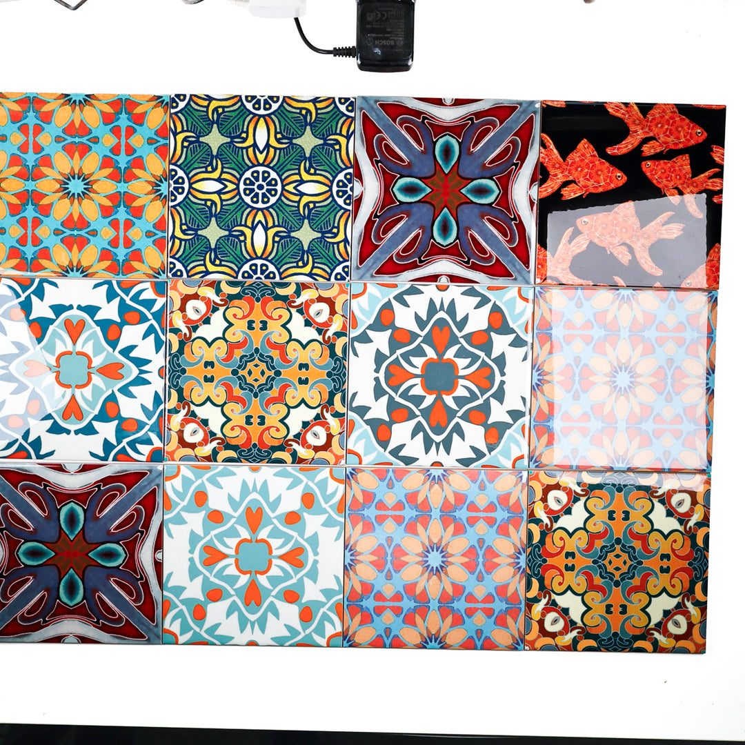 SALE SECOND SET of 12 x 15.2cm - Mixed Design Tiles (orange/red)