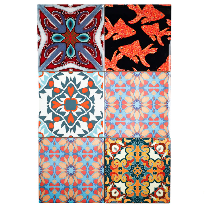 SALE SECOND SET of 12 x 15.2cm - Mixed Design Tiles (orange/red)
