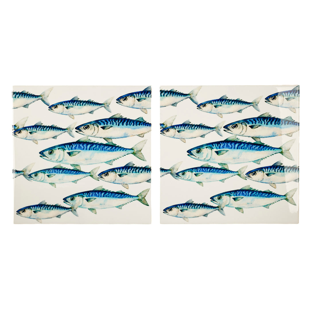 SALE SET - Pair of 20cm Mackerel Shoal tiles on White Background
